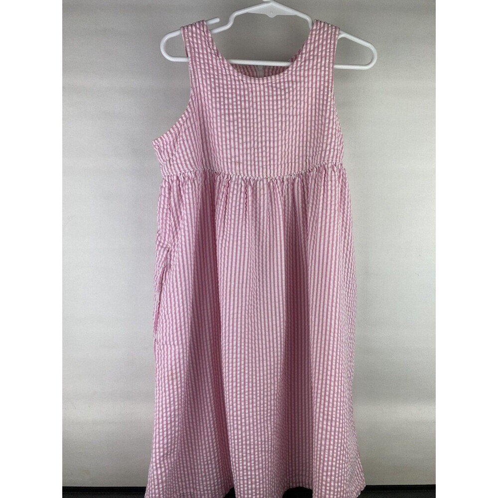 Lands' End Pink White Easter Seersucker Stripe Dress 7 Girls Sleeveless Pockets